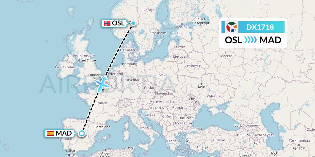 DX1718 Danish Air Transport Flight Map: Oslo to Madrid