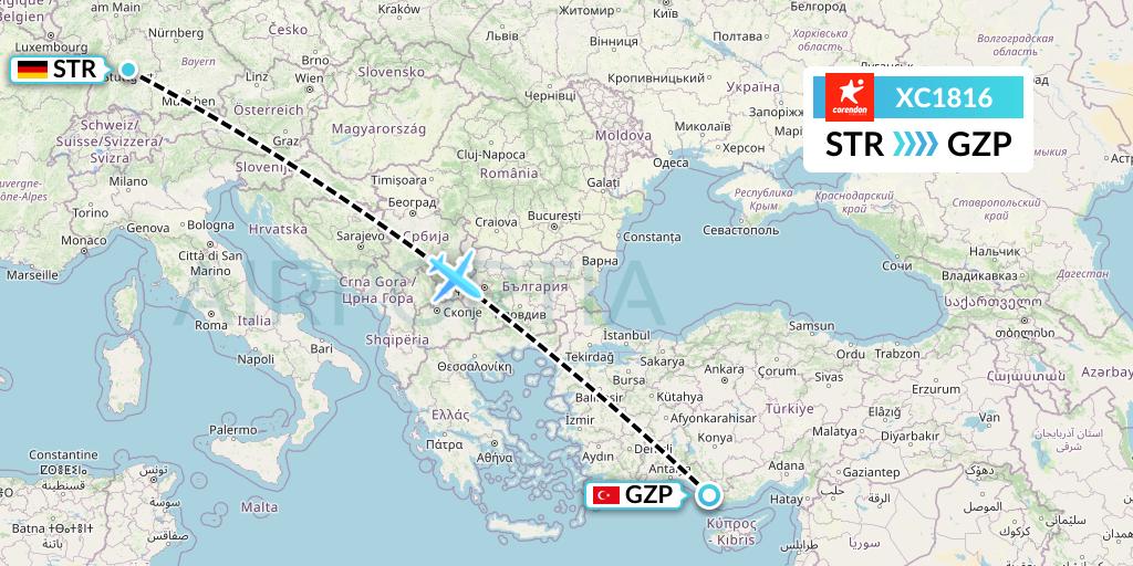 XC1816 Corendon Airlines Flight Map: Stuttgart to Gazipasa