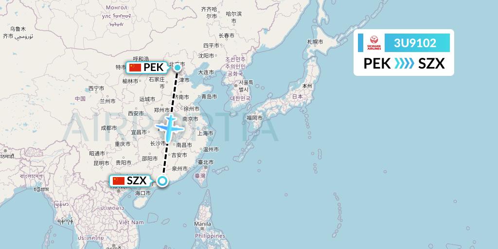 3U9102 Sichuan Airlines Flight Map: Beijing to Shenzhen