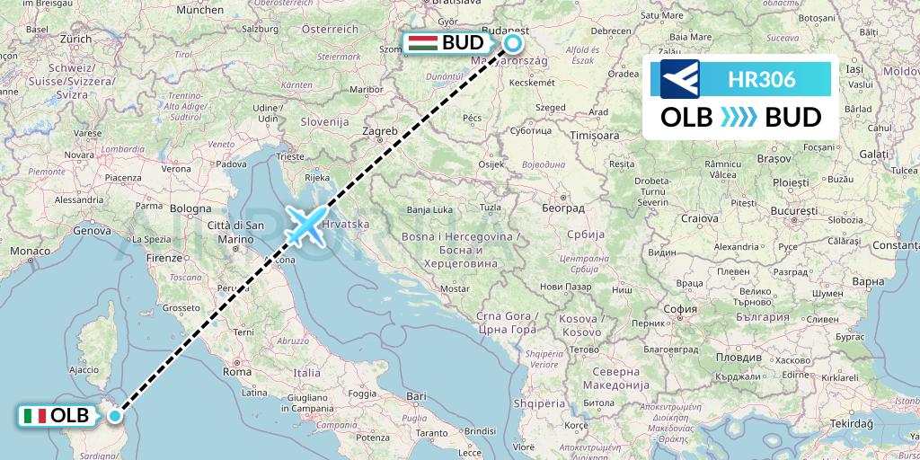 HR306 Hahn Air Flight Map: Olbia to Budapest