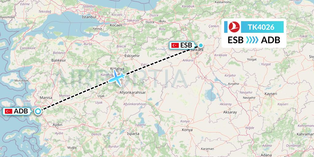 TK4026 Turkish Airlines Flight Map: Ankara to Izmir