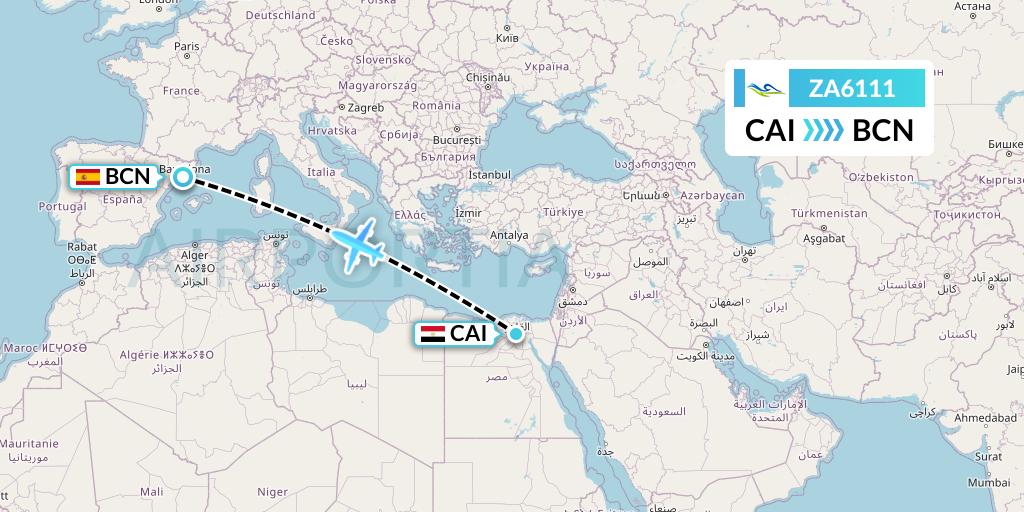 ZA6111 Sky Angkor Airlines Flight Map: Cairo to Barcelona