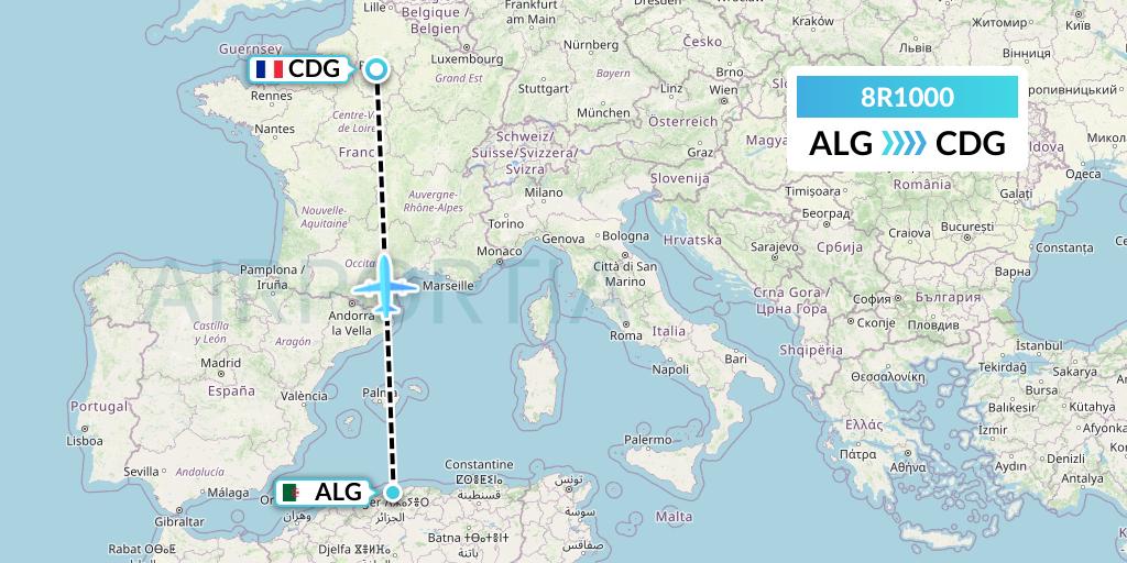 8R1000 Amelia Flight Map: Algiers to Paris