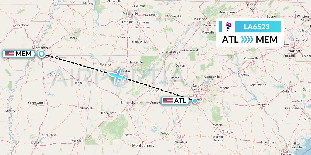LA6523 LAN Airlines Flight Map: Atlanta to Memphis