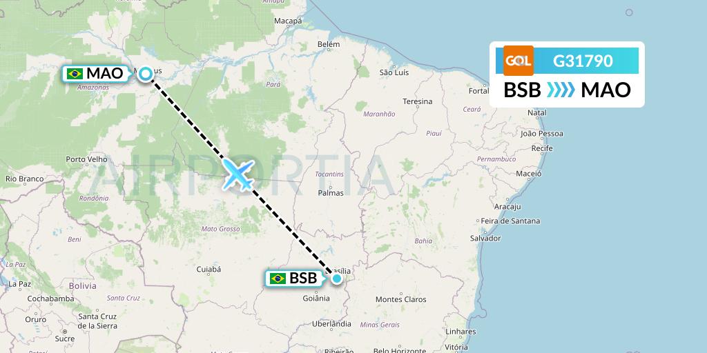 G31790 GOL Transportes Aeros Flight Map: Brasilia to Manaus