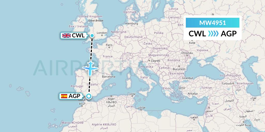 MW4951 Mokulele Flight Service Flight Map: Cardiff to Malaga