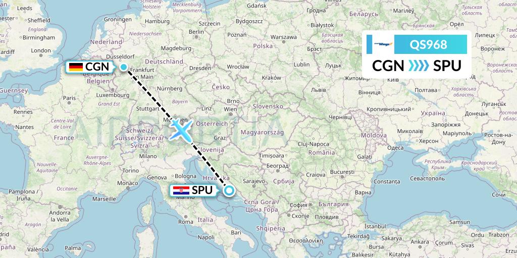 QS968 Smartwings Flight Map: Cologne to Split