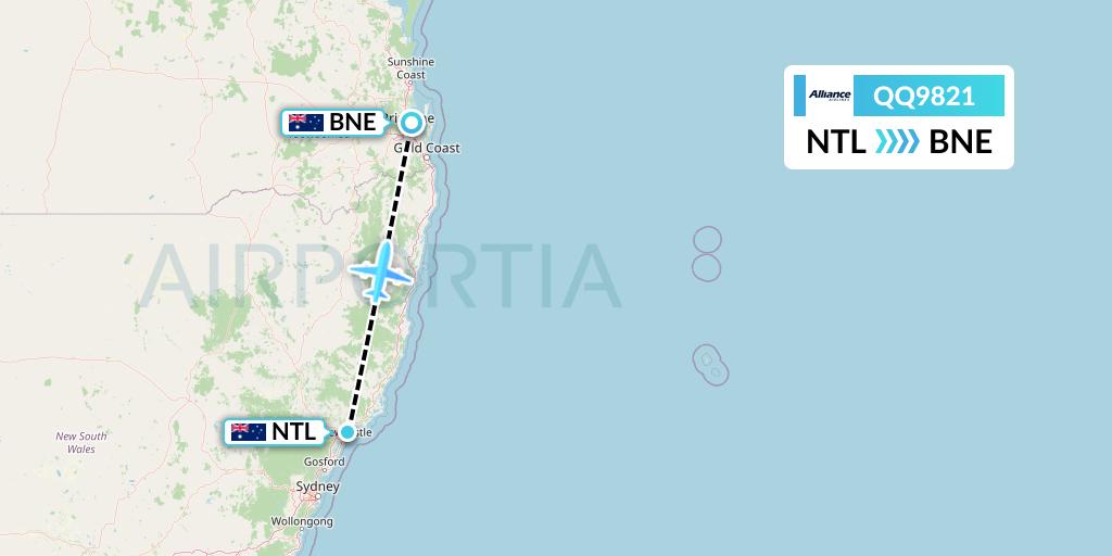 QQ9821 Alliance Airlines Flight Map: Newcastle to Brisbane