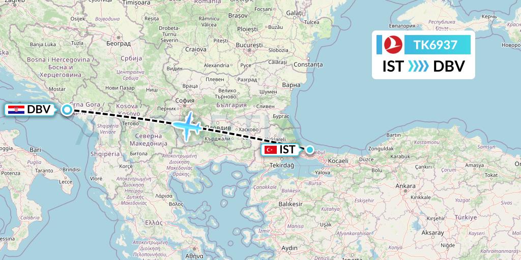 TK6937 Turkish Airlines Flight Map: Istanbul to Dubrovnik