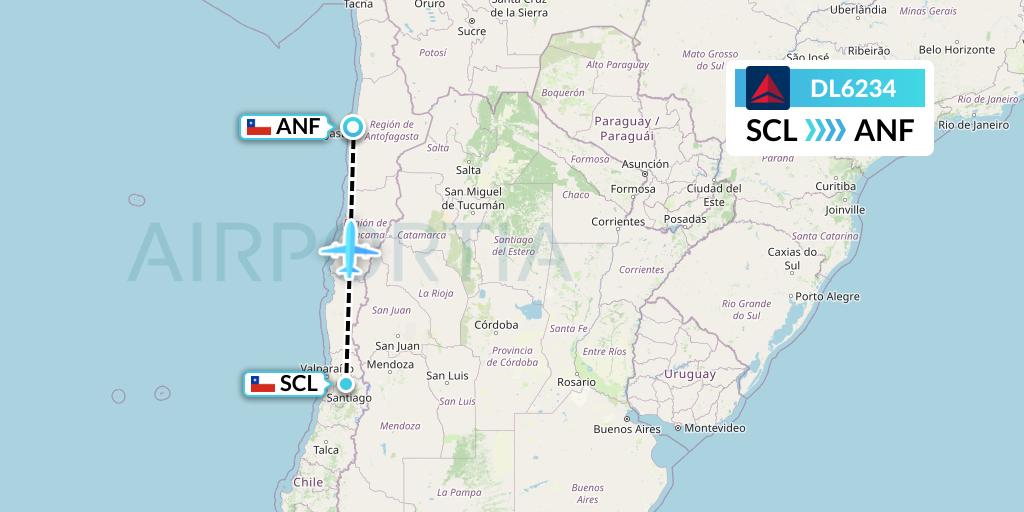 DL6234 Delta Air Lines Flight Map: Santiago to Antofagasta