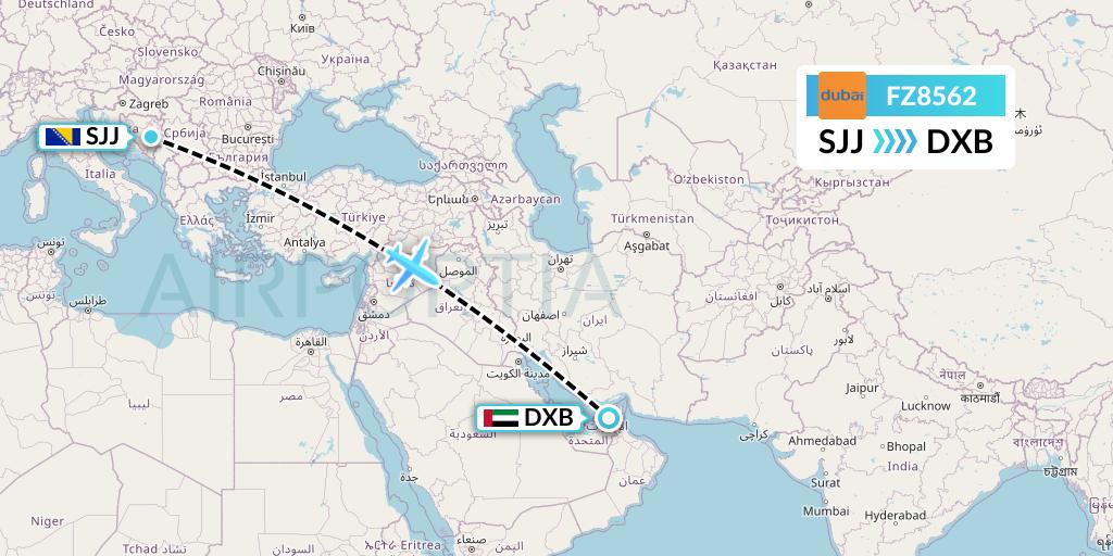 FZ8562 FlyDubai Flight Map: Sarajevo to Dubai