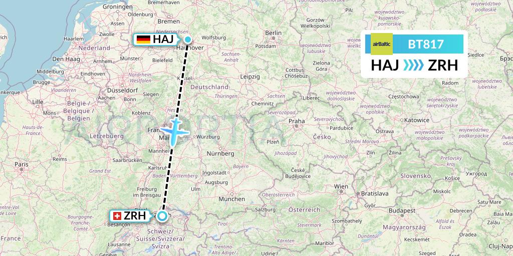 BT817 Air Baltic Flight Map: Hannover to Zurich