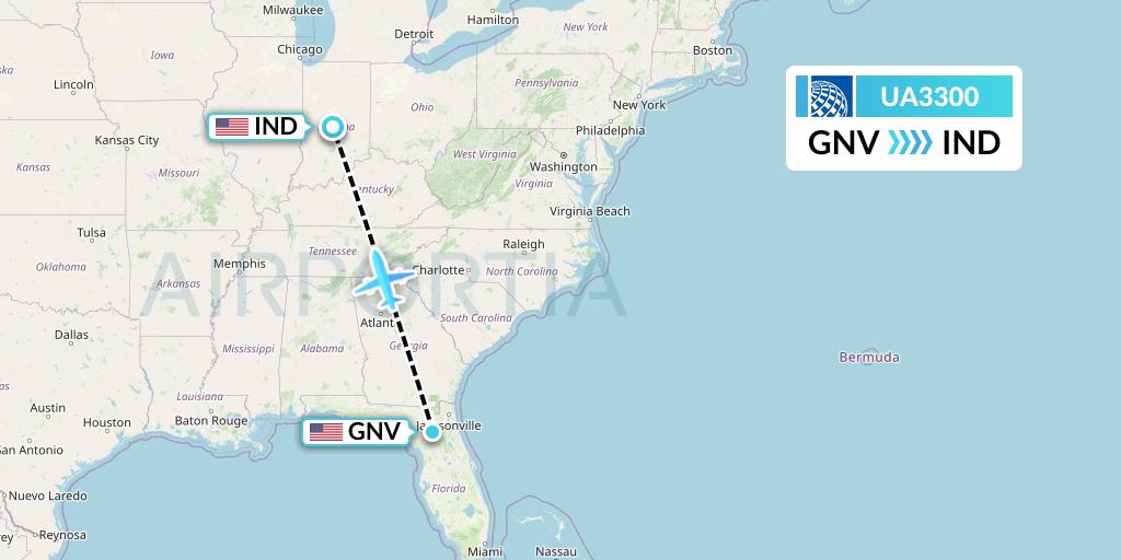 UA3300 United Airlines Flight Map: Gainesville to Indianapolis