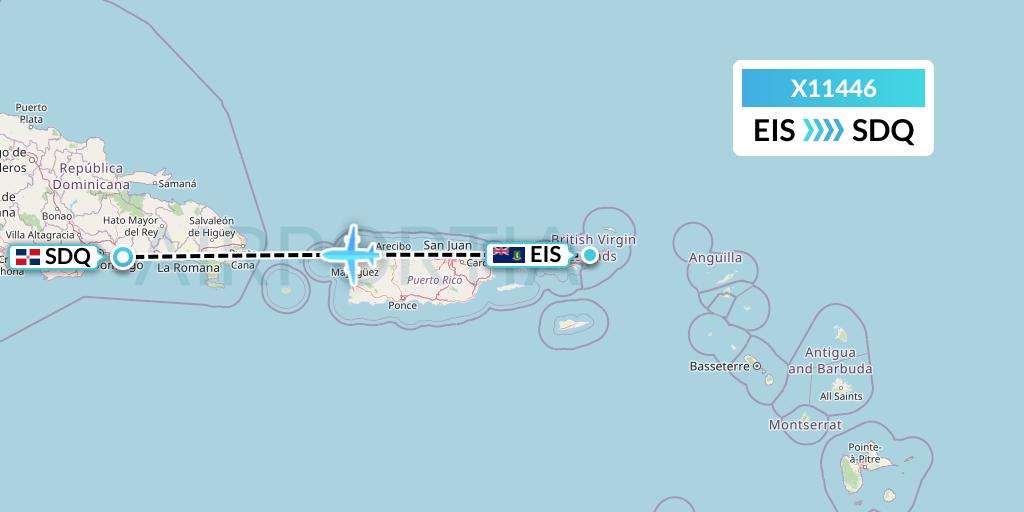X11446 Nik Airways Flight Map: Beef Island to Santo Domingo
