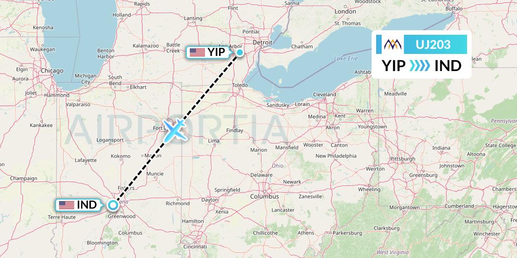 UJ203 AlMasria Universal Airlines Flight Map: Detroit to Indianapolis