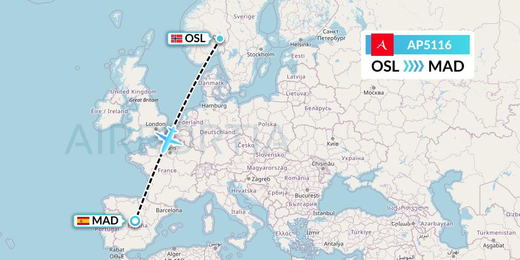 AP5116 AlbaStar Flight Map: Oslo to Madrid