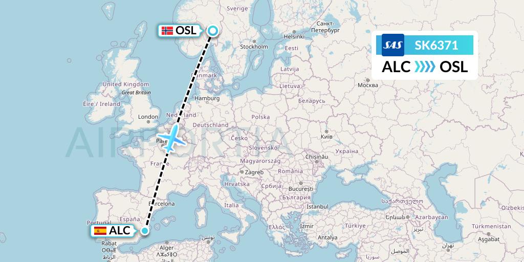 SK6371 SAS Flight Map: Alicante to Oslo