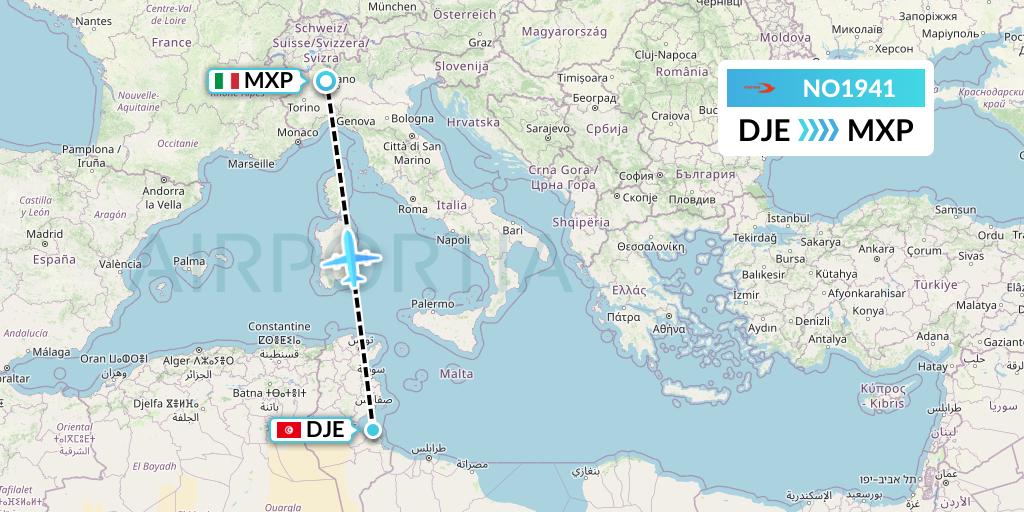 NO1941 Neos Flight Map: Djerba to Milan