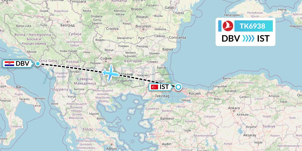 TK6938 Turkish Airlines Flight Map: Dubrovnik to Istanbul
