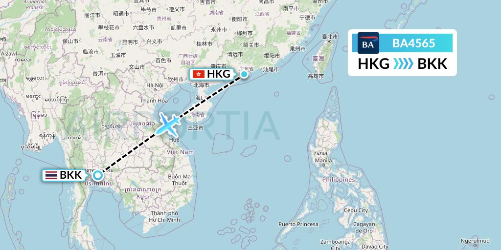 BA4565 British Airways Flight Map: Hong Kong to Bangkok