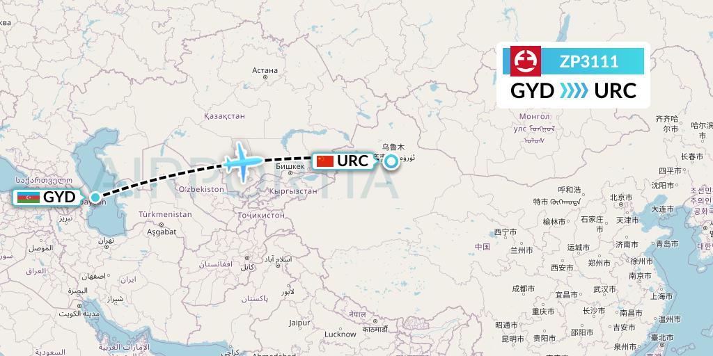 ZP3111 Paranair Flight Map: Baku to Urumqi