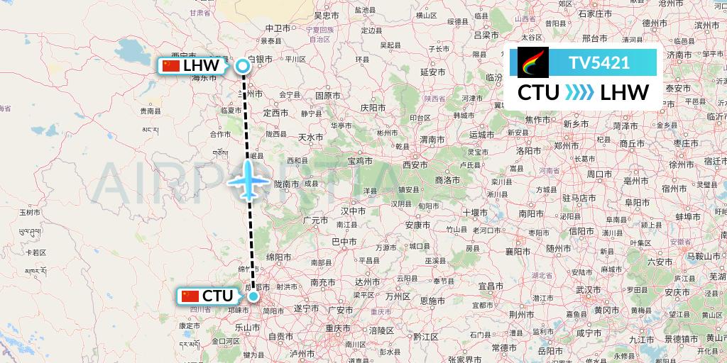 TV5421 Tibet Airlines Flight Map: Chengdu to Lanzhou