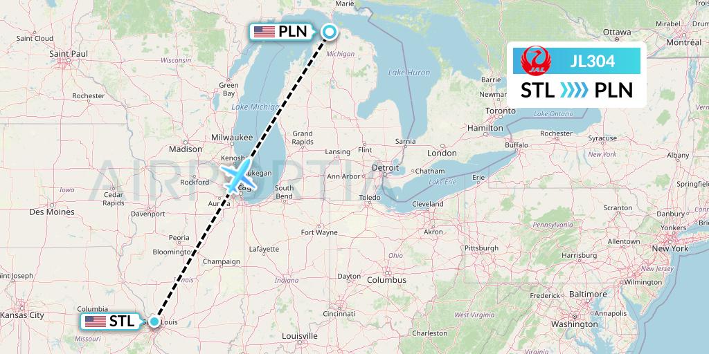 JL304 Japan Airlines Flight Map: St. Louis to Pellston