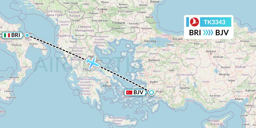TK3343 Turkish Airlines Flight Map: Bari to Bodrum