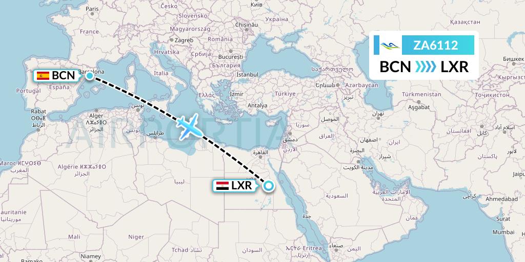 ZA6112 Sky Angkor Airlines Flight Map: Barcelona to Luxor