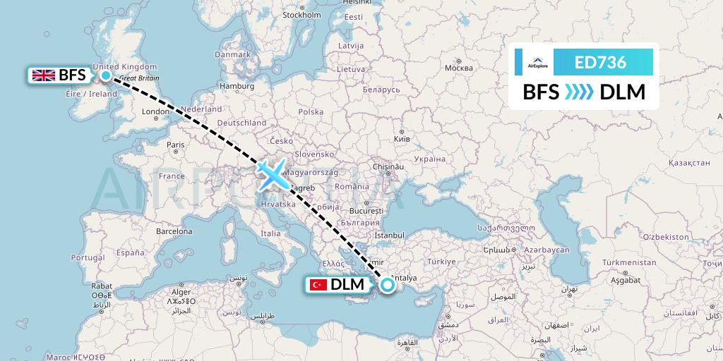 ED736 AirExplore Flight Map: Belfast to Dalaman