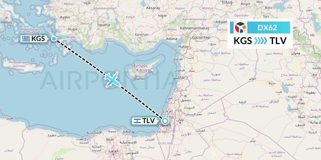 DX62 Danish Air Transport Flight Map: Kos to Tel Aviv