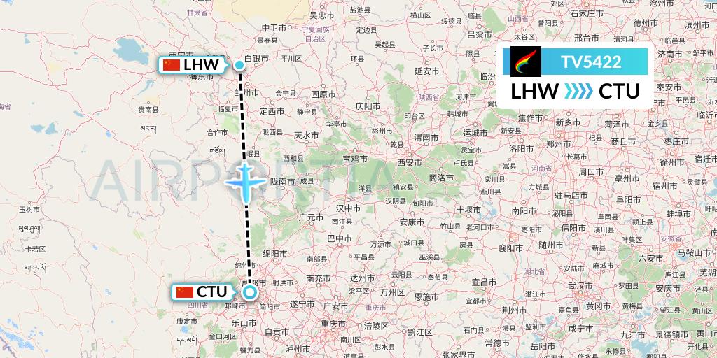 TV5422 Tibet Airlines Flight Map: Lanzhou to Chengdu