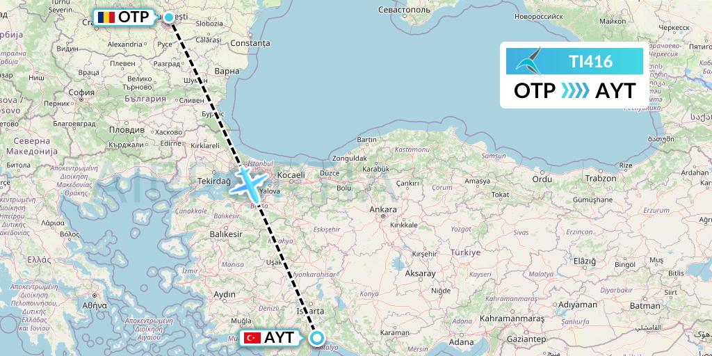 TI416 Tailwind Airlines Flight Map: Bucharest to Antalya