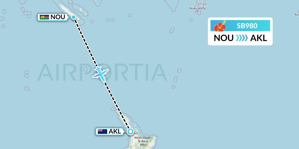 SB980 Aircalin Flight Map: Noumea to Auckland