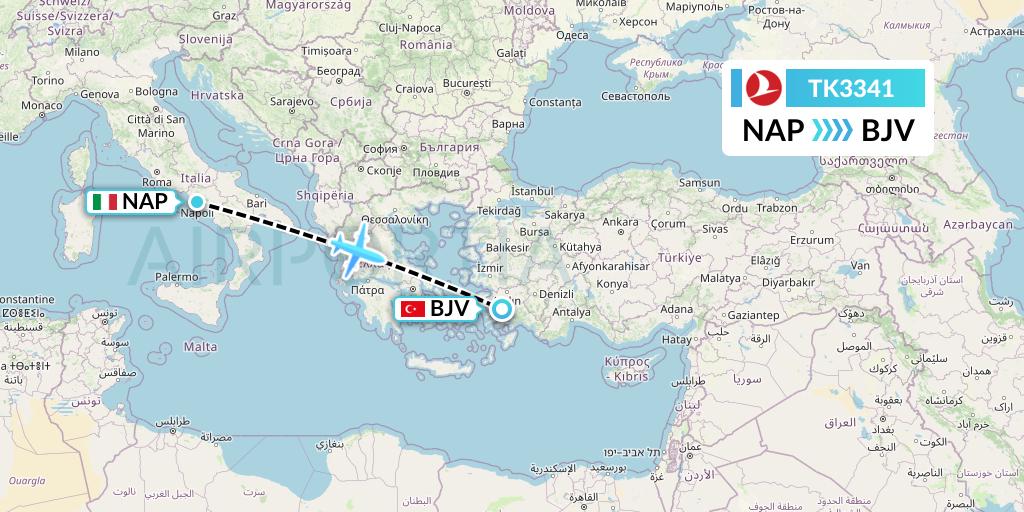 TK3341 Turkish Airlines Flight Map: Naples to Bodrum