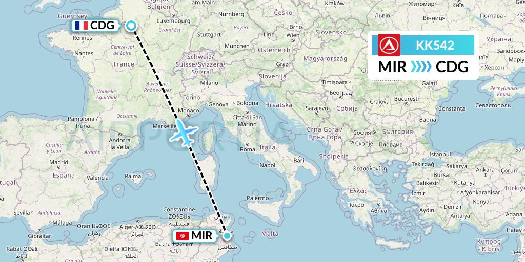 KK542 Atlasjet Flight Map: Monastir to Paris