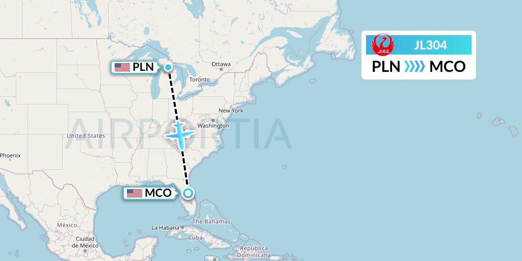 JL304 Japan Airlines Flight Map: Pellston to Orlando