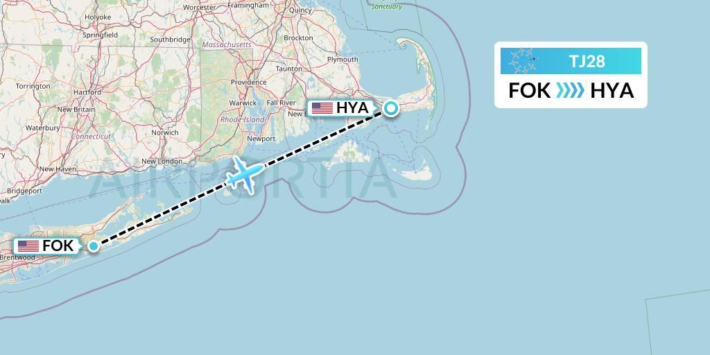 TJ28 Tradewind Aviation Flight Map: Westhampton Beach to Hyannis