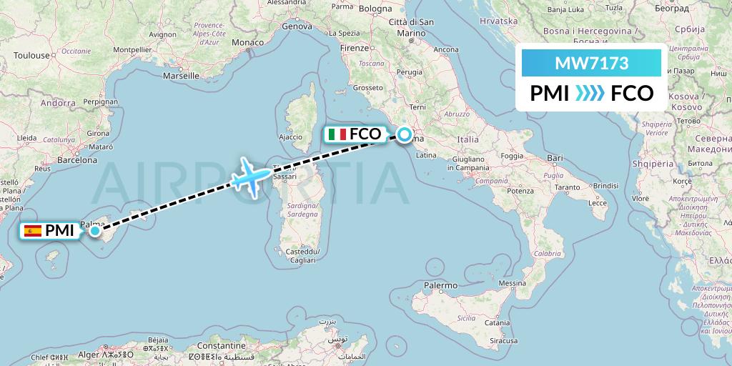 MW7173 Mokulele Flight Service Flight Map: Palma de Mallorca to Rome