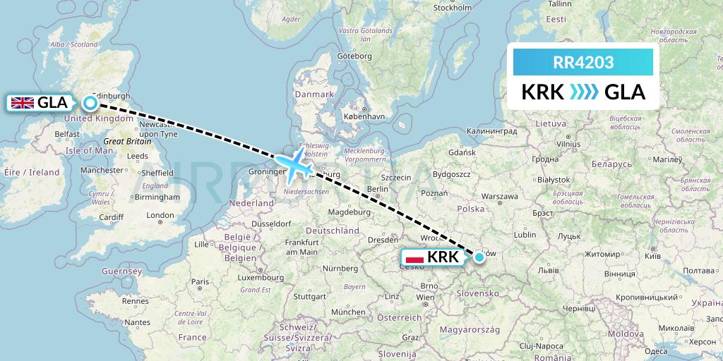 RR4203 Royal Air Force Flight Map: Krakow to Glasgow