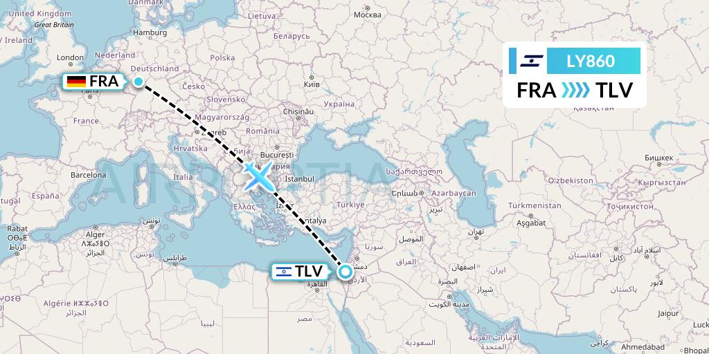LY860 El Al Flight Map: Frankfurt to Tel Aviv