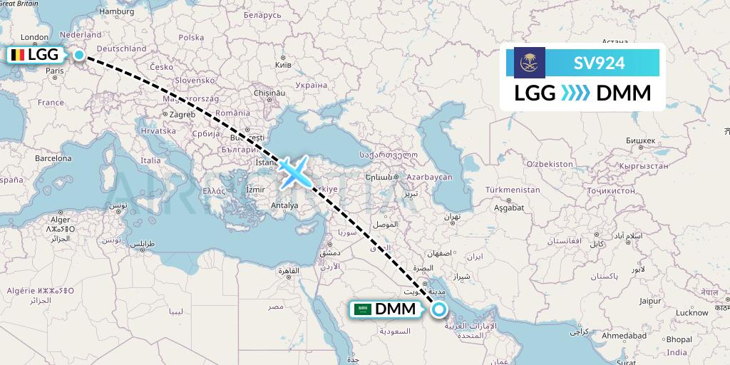 SV924 Saudi Arabian Airlines Flight Map: Liege to Dammam