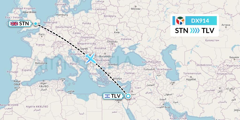 DX914 Danish Air Transport Flight Map: London to Tel Aviv