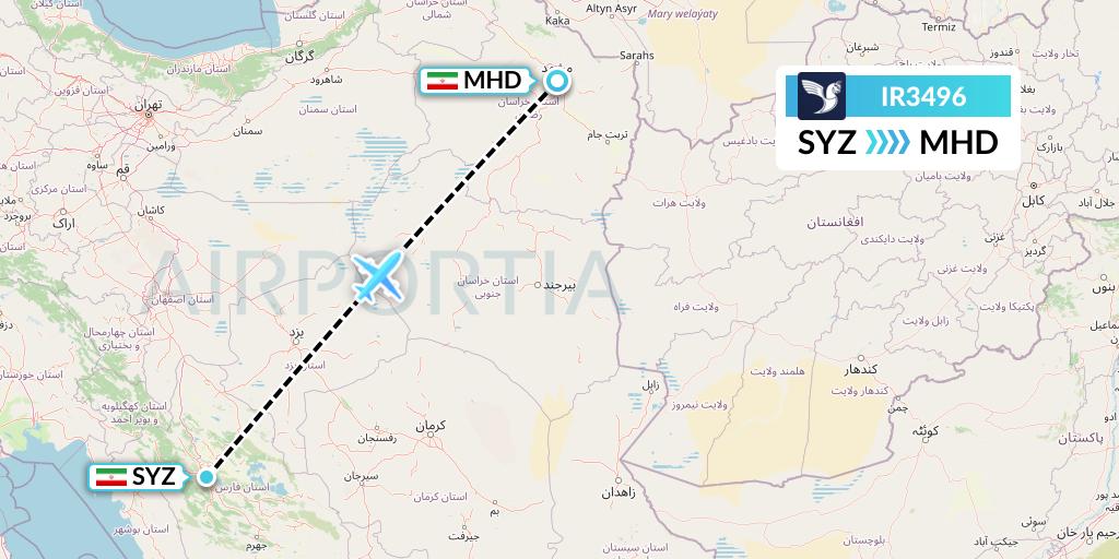 IR3496 Iran Air Flight Map: Shiraz to Mashhad