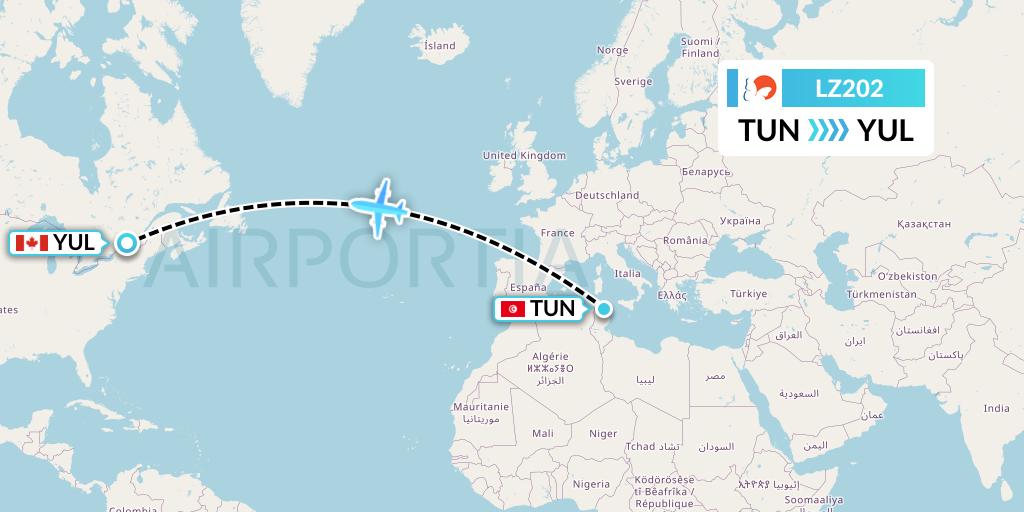 LZ202 Air Link Flight Map: Tunis to Montreal