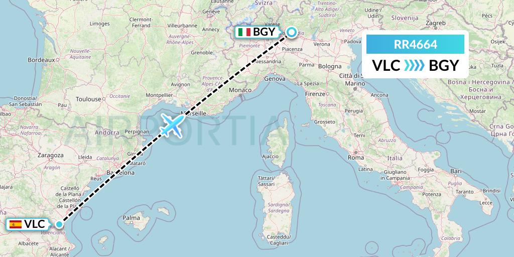 RR4664 Royal Air Force Flight Map: Valencia to Milan
