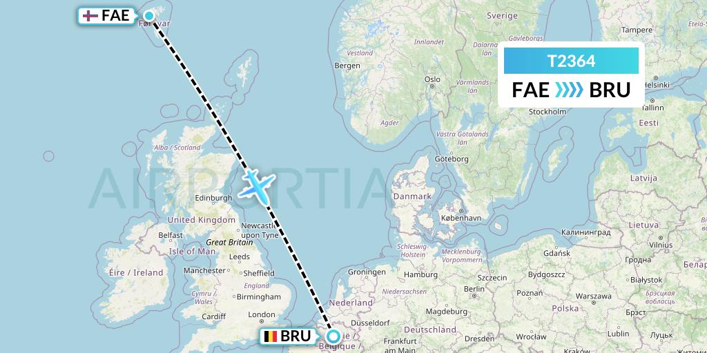 T2364 Tair Airways Flight Map: Vagar to Brussels