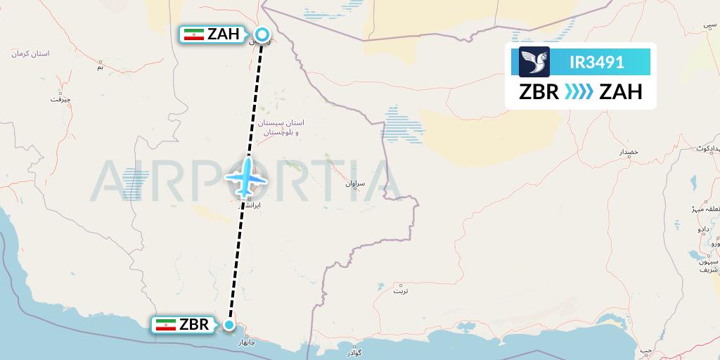 IR3491 Iran Air Flight Map: Chabahar to Zahedan