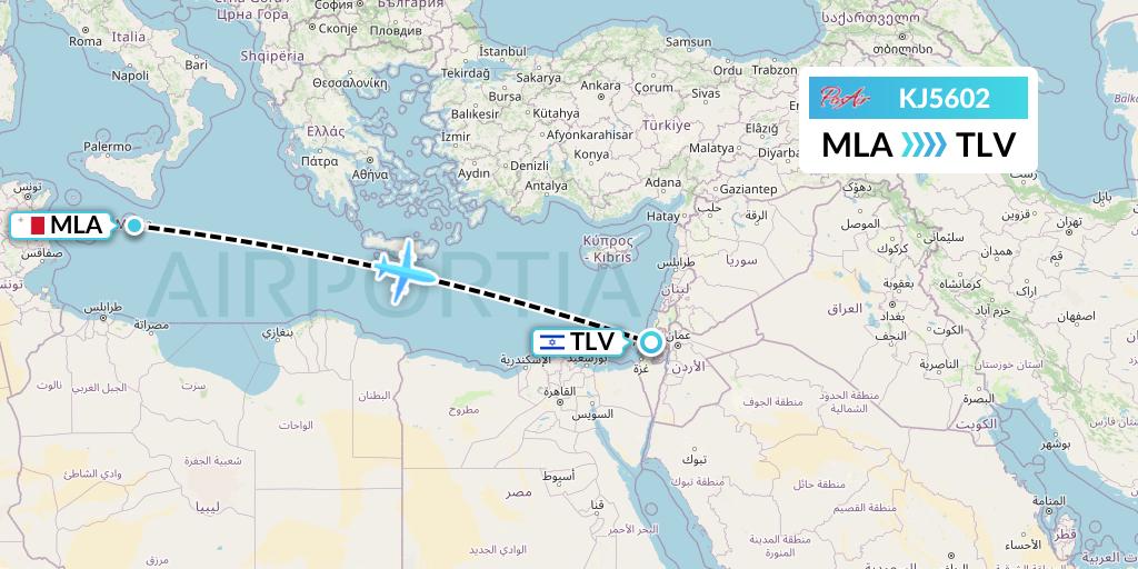 KJ5602 Air Incheon Flight Map: Malta to Tel Aviv