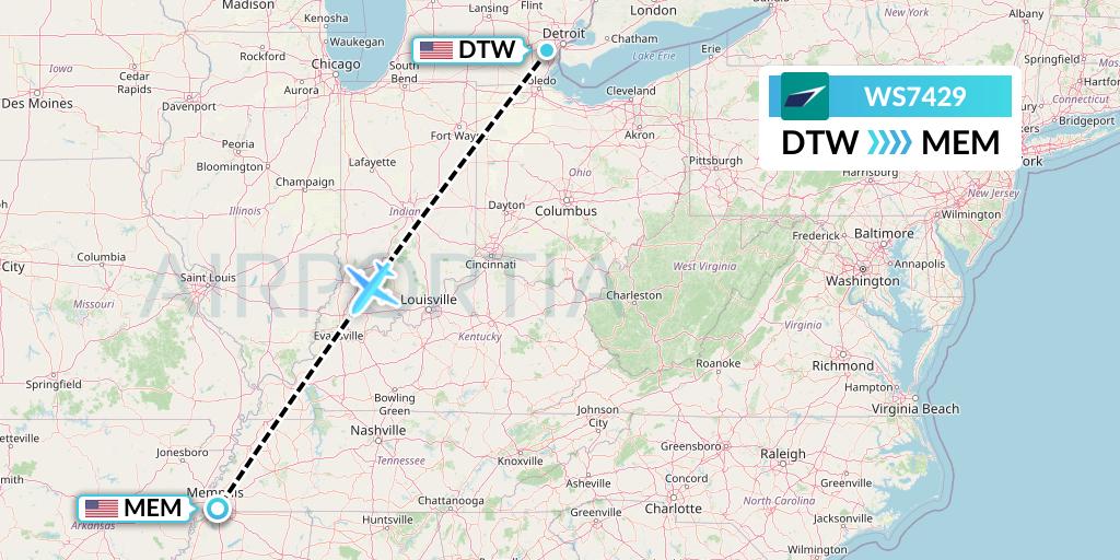 WS7429 WestJet Flight Map: Detroit to Memphis